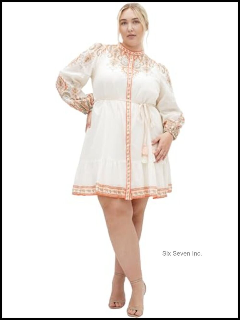 Plus Size A-Line Cotton Mini Dress with Ruffle Trim & Tie Belt